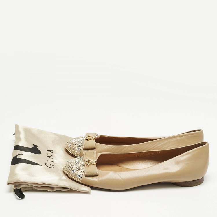 Pre Owned Gina Beige Leather and Satin Bow Detail Crystal Embellish Ballet Flats Size 38