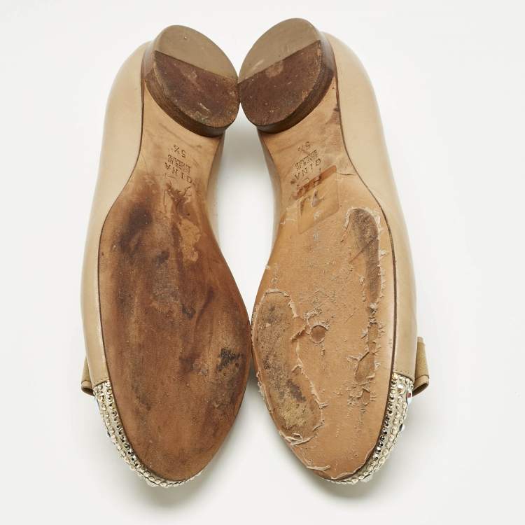 Pre Owned Gina Beige Leather and Satin Bow Detail Crystal Embellish Ballet Flats Size 38