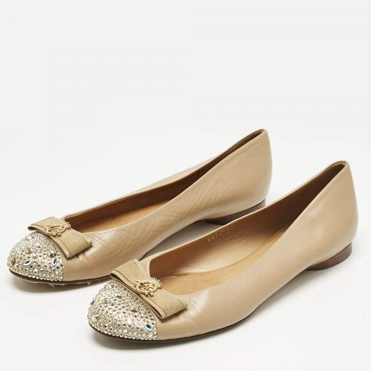 Pre Owned Gina Beige Leather and Satin Bow Detail Crystal Embellish Ballet Flats Size 38