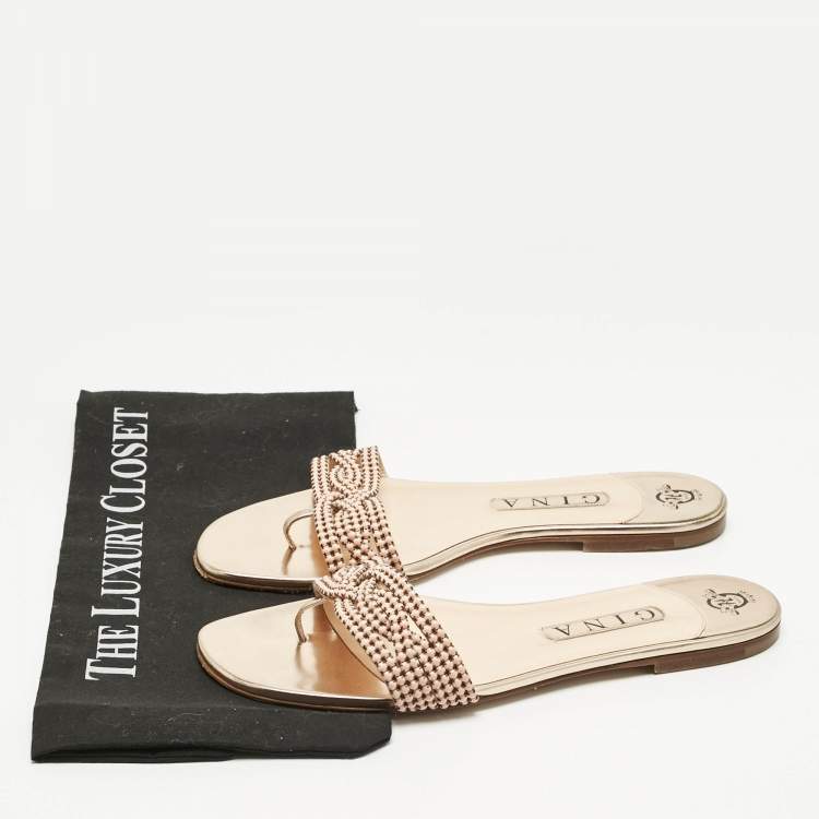 Pre Owned Gina Gold Leather Crystal Embellished Flat Slides Size 40