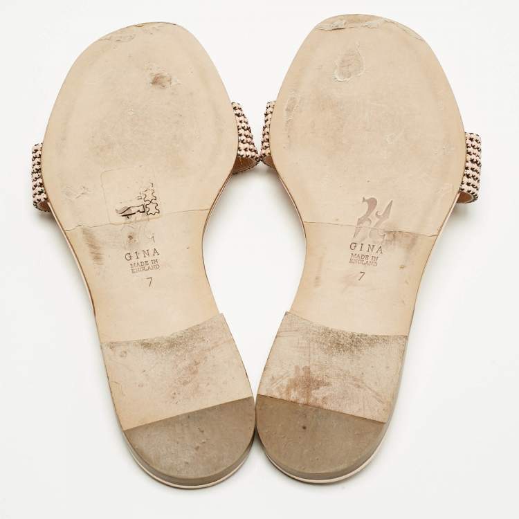 Pre Owned Gina Gold Leather Crystal Embellished Flat Slides Size 40