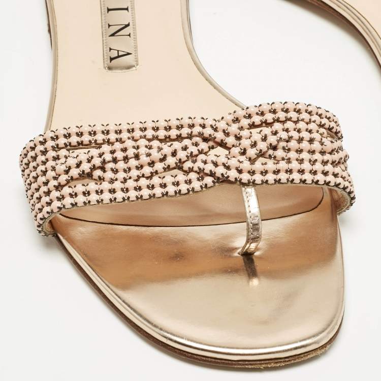 Pre Owned Gina Gold Leather Crystal Embellished Flat Slides Size 40