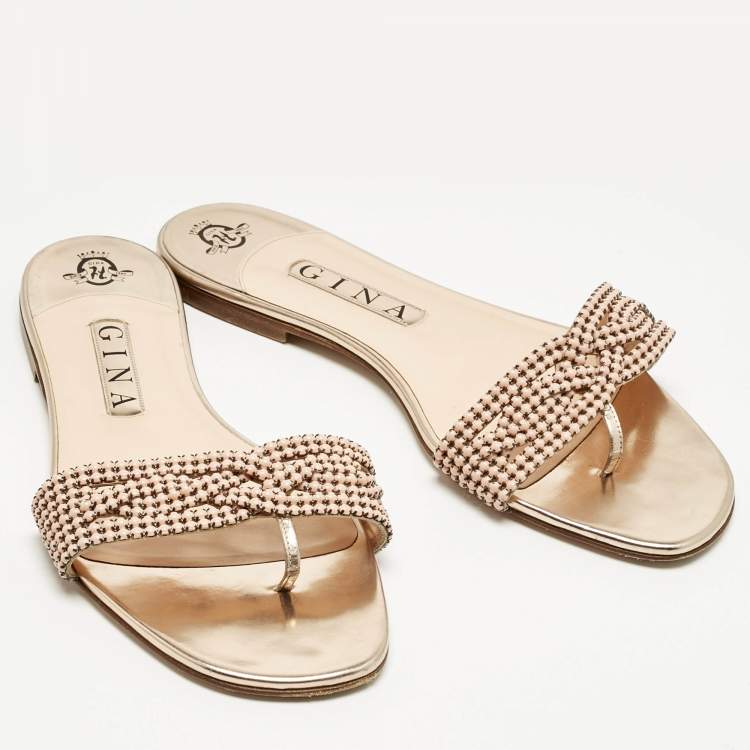 Pre Owned Gina Gold Leather Crystal Embellished Flat Slides Size 40