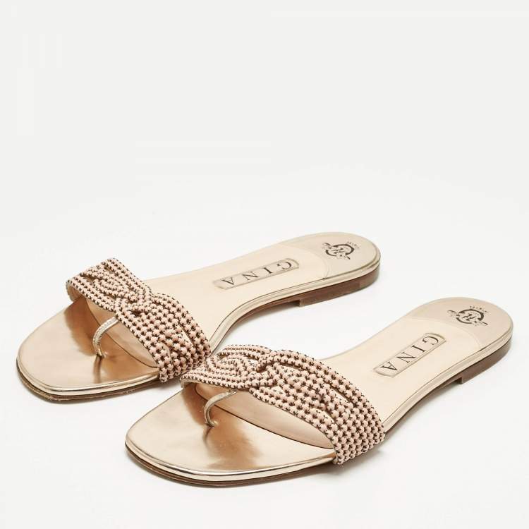 Pre Owned Gina Gold Leather Crystal Embellished Flat Slides Size 40