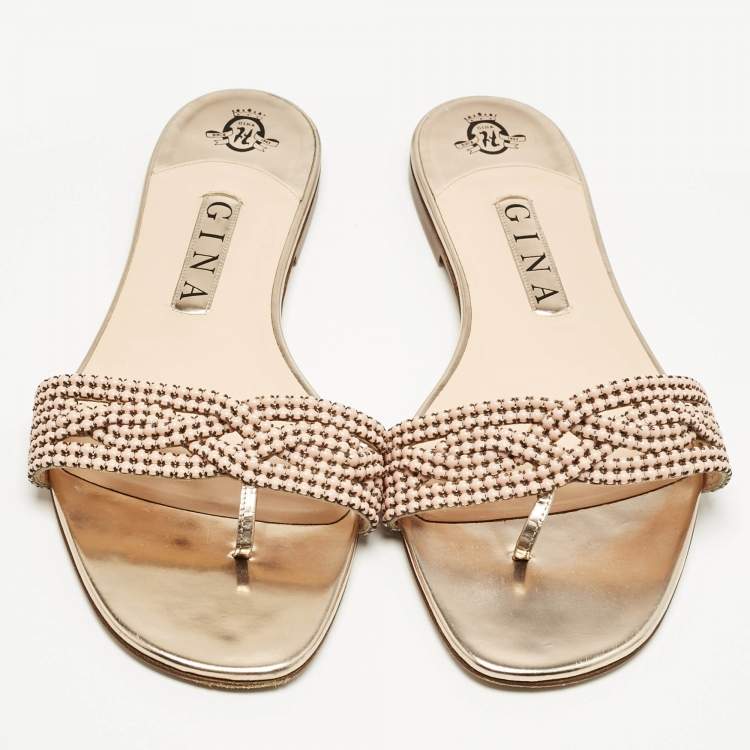 Pre Owned Gina Gold Leather Crystal Embellished Flat Slides Size 40