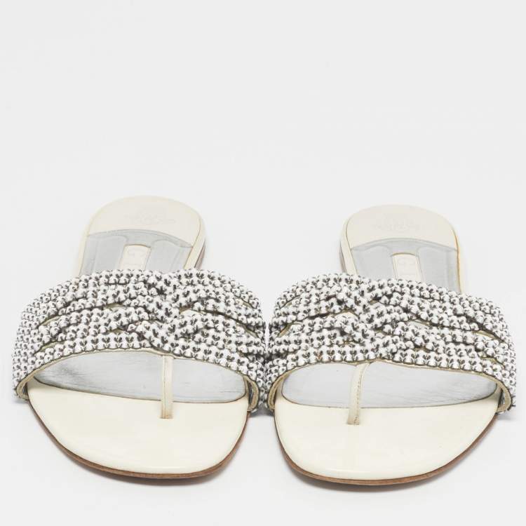 Pre Owned Gina White Leather Loren Flat Slide Size 40.5