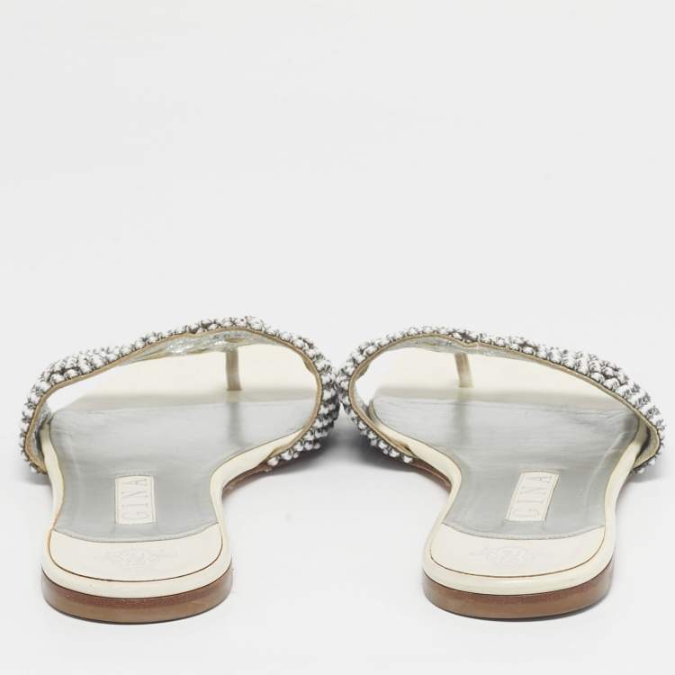 Pre Owned Gina White Leather Loren Flat Slide Size 40.5