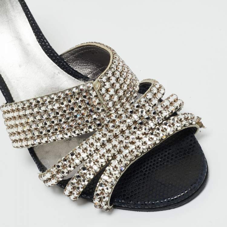 Pre Owned Gina Silver Leather Crystal Embellished Slide Sandals Size 40.5