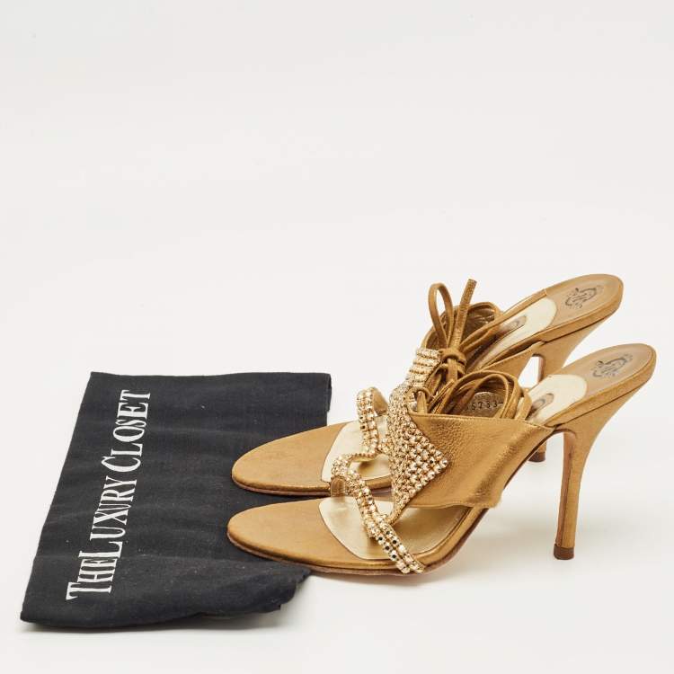 Pre Owned Gina Gold Nubuck Leather Crystal Embellish Ankle Wrap Sandals Size 39