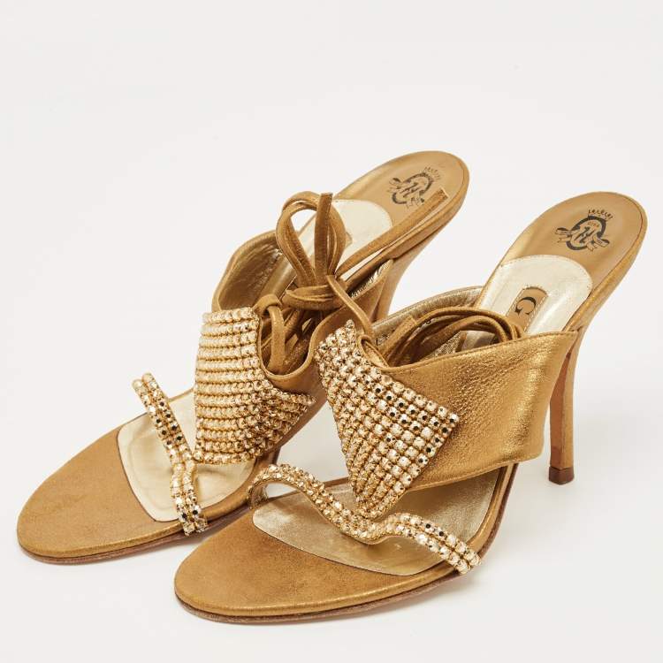 Pre Owned Gina Gold Nubuck Leather Crystal Embellish Ankle Wrap Sandals Size 39