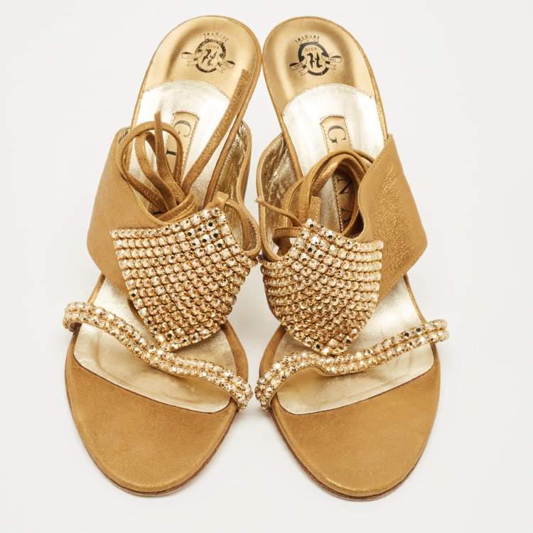 Pre Owned Gina Gold Nubuck Leather Crystal Embellish Ankle Wrap Sandals Size 39