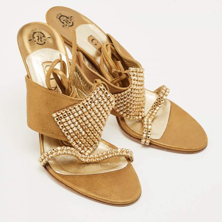 Pre Owned Gina Gold Nubuck Leather Crystal Embellish Ankle Wrap Sandals Size 39