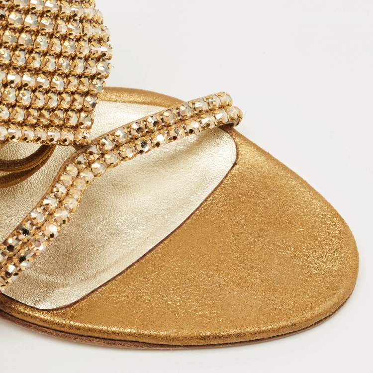 Pre Owned Gina Gold Nubuck Leather Crystal Embellish Ankle Wrap Sandals Size 39