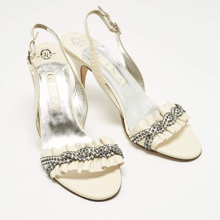 Pre Owned Gina Cream Leather Crystal Embellish Slingback Sandals Size 41