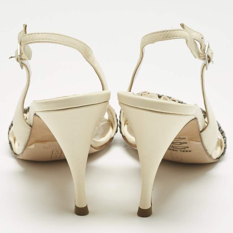 Pre Owned Gina Cream Leather Crystal Embellish Slingback Sandals Size 41