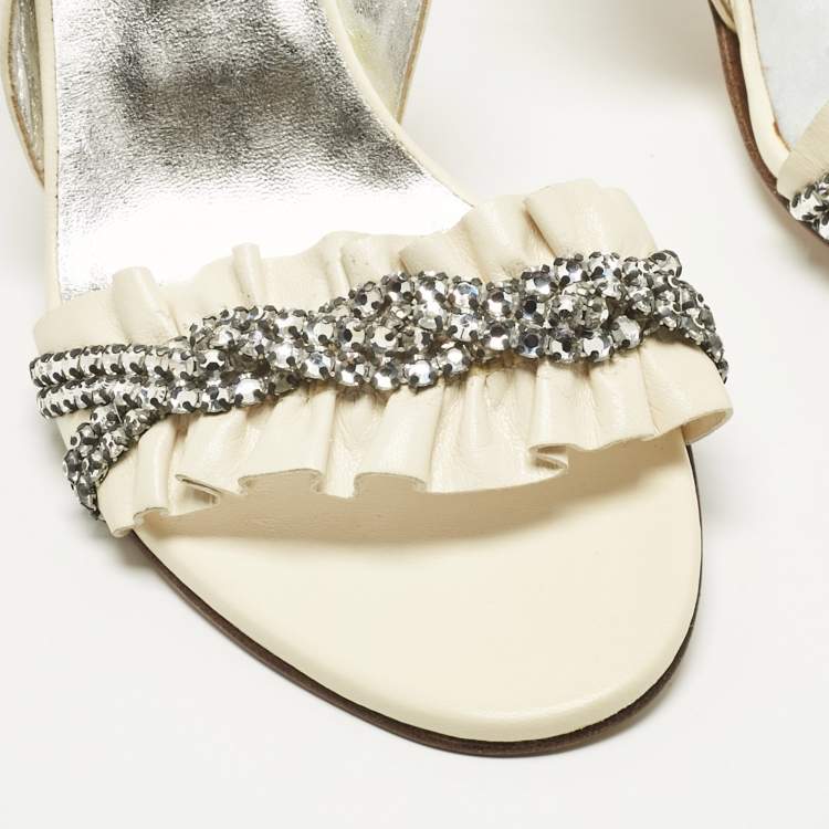 Pre Owned Gina Cream Leather Crystal Embellish Slingback Sandals Size 41