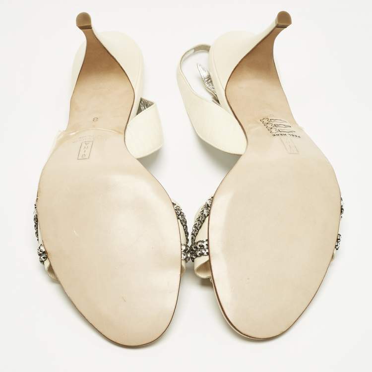 Pre Owned Gina Cream Leather Crystal Embellish Slingback Sandals Size 41