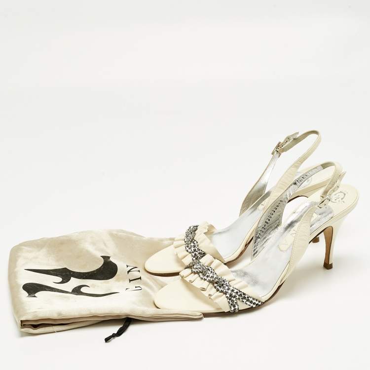 Pre Owned Gina Cream Leather Crystal Embellish Slingback Sandals Size 41