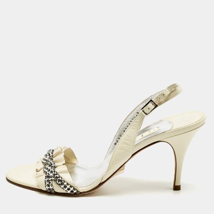 Pre Owned Gina Cream Leather Crystal Embellish Slingback Sandals Size 41