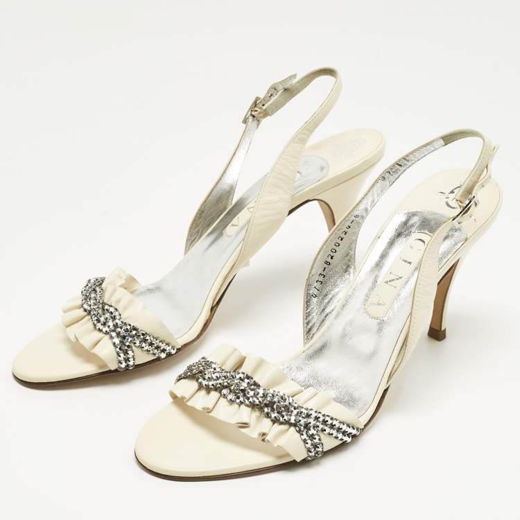 Pre Owned Gina Cream Leather Crystal Embellish Slingback Sandals Size 41