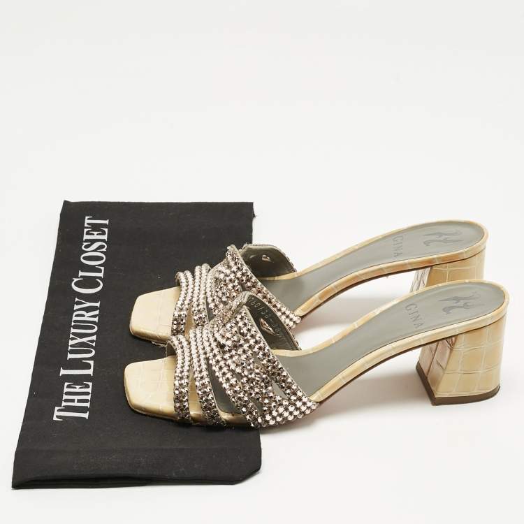 Pre Owned Gina Beige Croc Embossed Patent Leather and Leather Crystal Embellished Slide Sandals Size 38.5