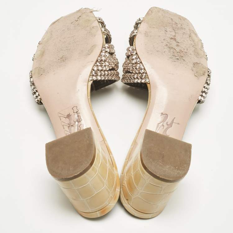 Pre Owned Gina Beige Croc Embossed Patent Leather and Leather Crystal Embellished Slide Sandals Size 38.5