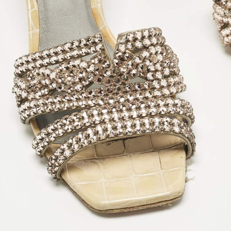 Pre Owned Gina Beige Croc Embossed Patent Leather and Leather Crystal Embellished Slide Sandals Size 38.5