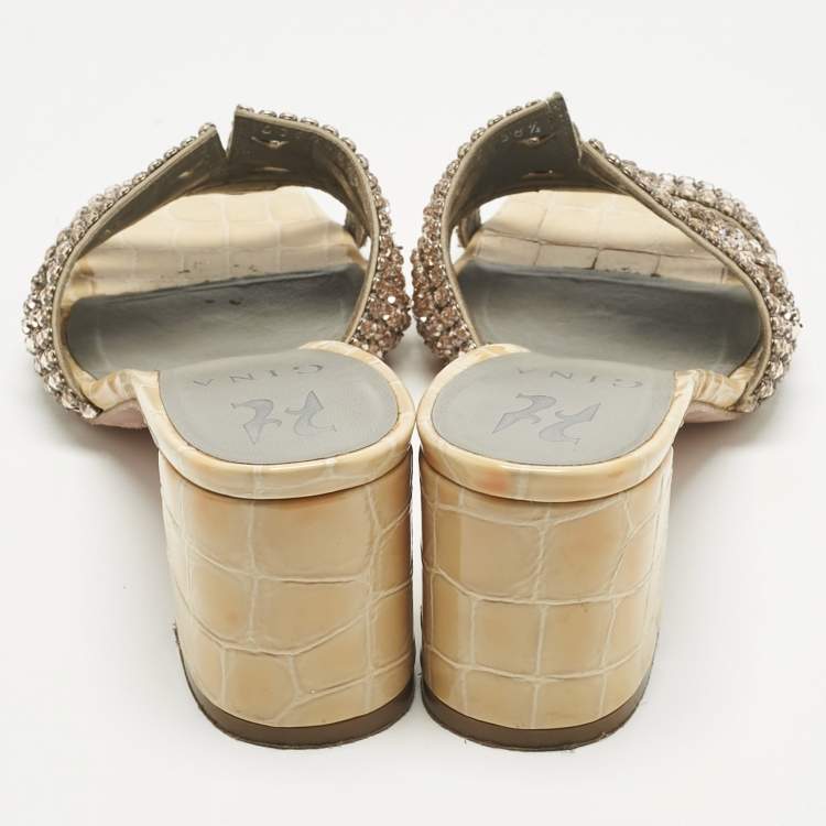 Pre Owned Gina Beige Croc Embossed Patent Leather and Leather Crystal Embellished Slide Sandals Size 38.5