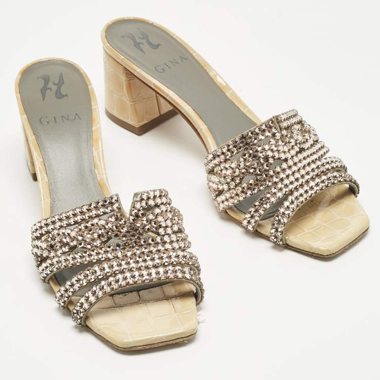 Pre Owned Gina Beige Croc Embossed Patent Leather and Leather Crystal Embellished Slide Sandals Size 38.5