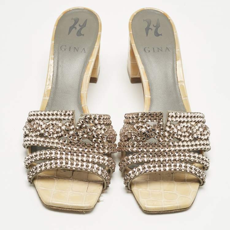 Pre Owned Gina Beige Croc Embossed Patent Leather and Leather Crystal Embellished Slide Sandals Size 38.5