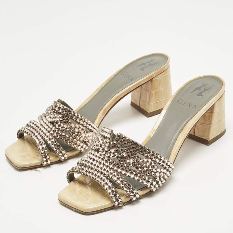 Pre Owned Gina Beige Croc Embossed Patent Leather and Leather Crystal Embellished Slide Sandals Size 38.5