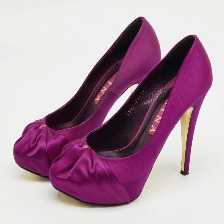 Pre Owned Gina Purple Satin Clair Hoodie Platform Pumps Size 39.5