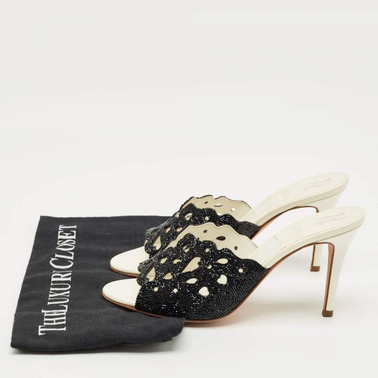 Pre Owned Gina Black Leather Crystal Embellished Slide Sandals Size 38