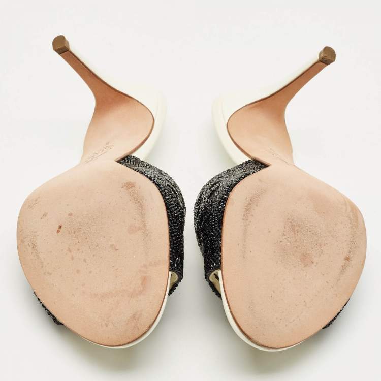 Pre Owned Gina Black Leather Crystal Embellished Slide Sandals Size 38