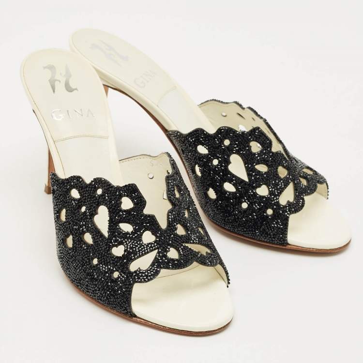 Pre Owned Gina Black Leather Crystal Embellished Slide Sandals Size 38