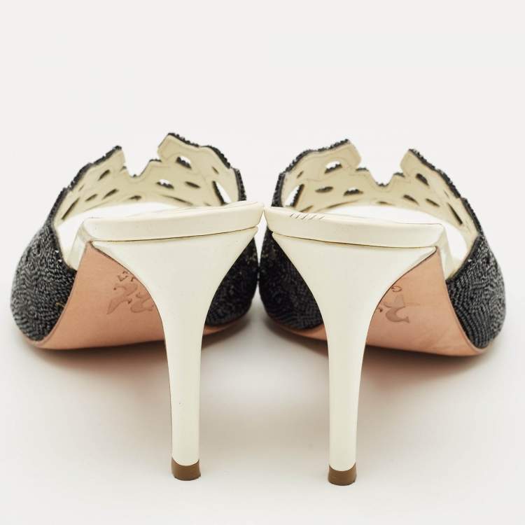 Pre Owned Gina Black Leather Crystal Embellished Slide Sandals Size 38