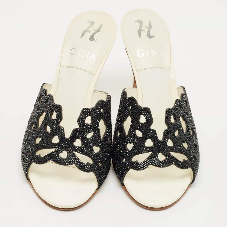 Pre Owned Gina Black Leather Crystal Embellished Slide Sandals Size 38