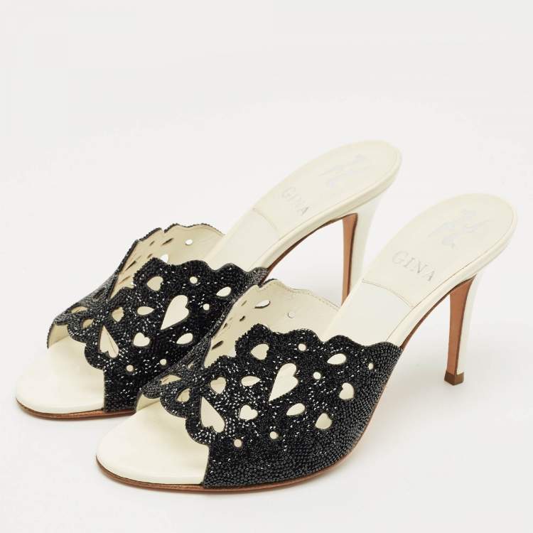 Pre Owned Gina Black Leather Crystal Embellished Slide Sandals Size 38