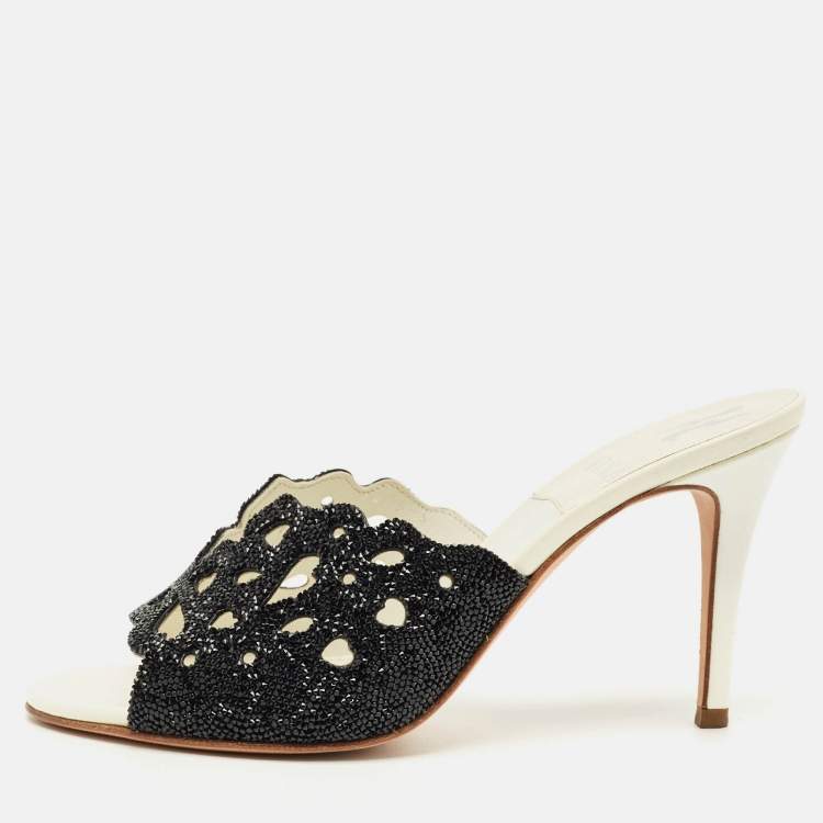 Pre Owned Gina Black Leather Crystal Embellished Slide Sandals Size 38