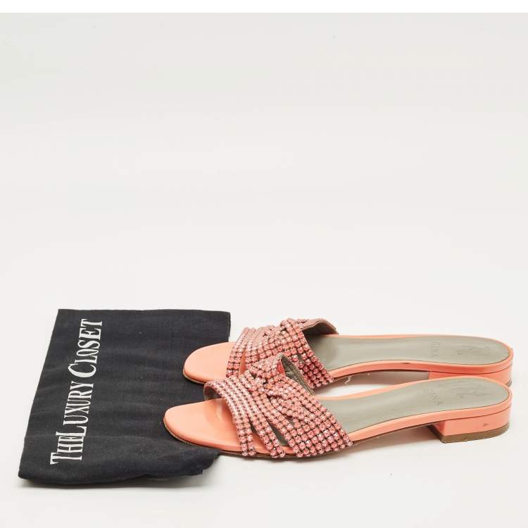 Pre Owned Gina Pink Leather Crystals Embellish Flat Sandals Size 40