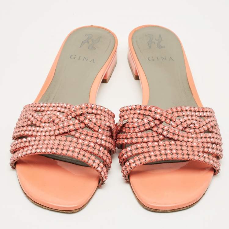 Pre Owned Gina Pink Leather Crystals Embellish Flat Sandals Size 40