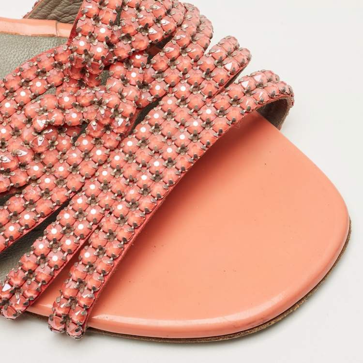 Pre Owned Gina Pink Leather Crystals Embellish Flat Sandals Size 40