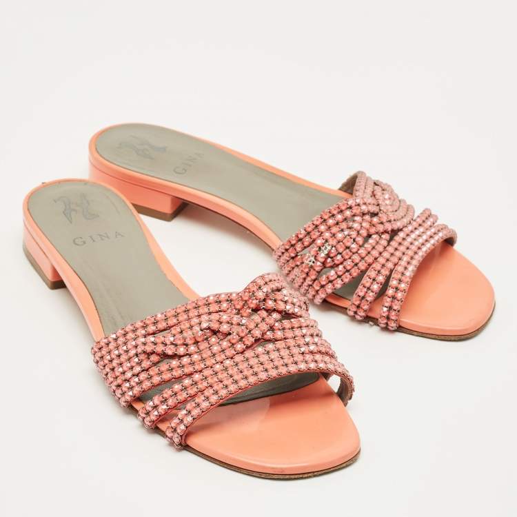 Pre Owned Gina Pink Leather Crystals Embellish Flat Sandals Size 40