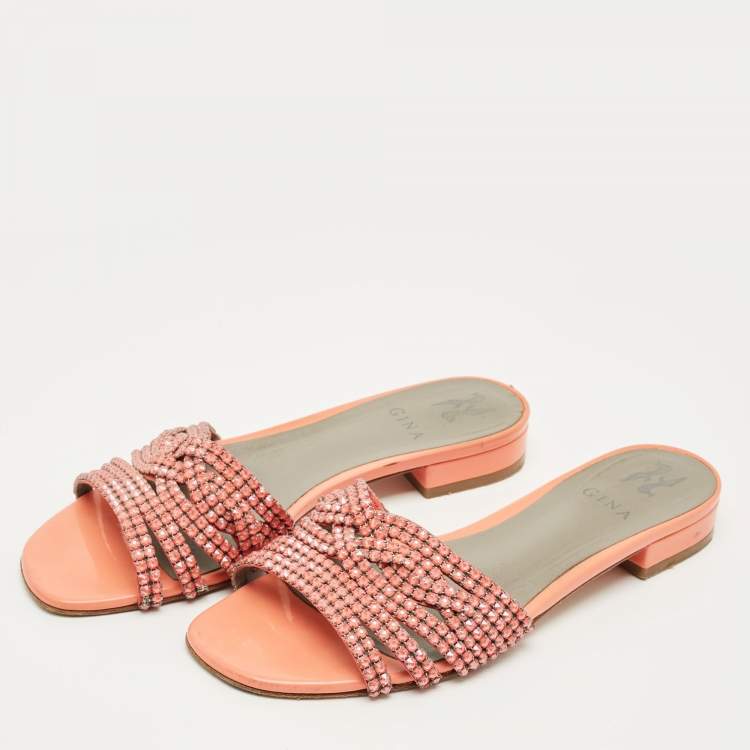 Pre Owned Gina Pink Leather Crystals Embellish Flat Sandals Size 40