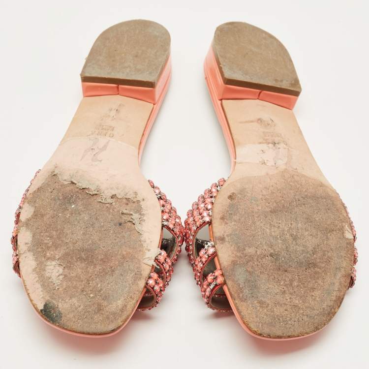 Pre Owned Gina Pink Leather Crystals Embellish Flat Sandals Size 40