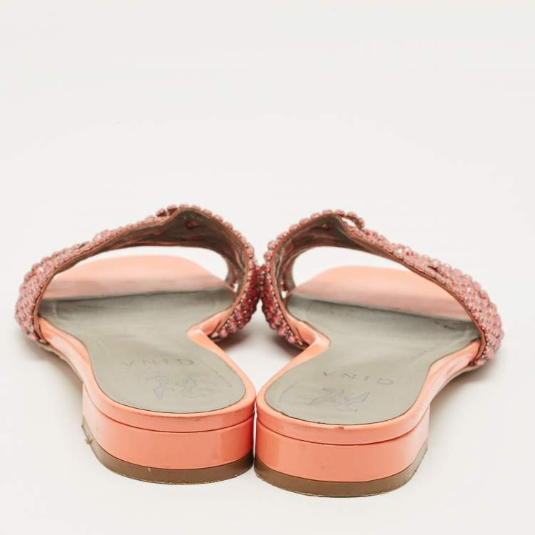 Pre Owned Gina Pink Leather Crystals Embellish Flat Sandals Size 40