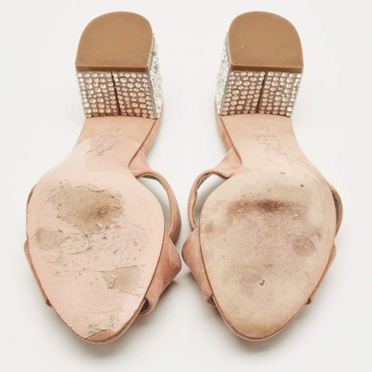 Pre Owned Gina Beige Suede Cross Strap Crystal Embellished Block Heel Slide Sandals Size 39.5
