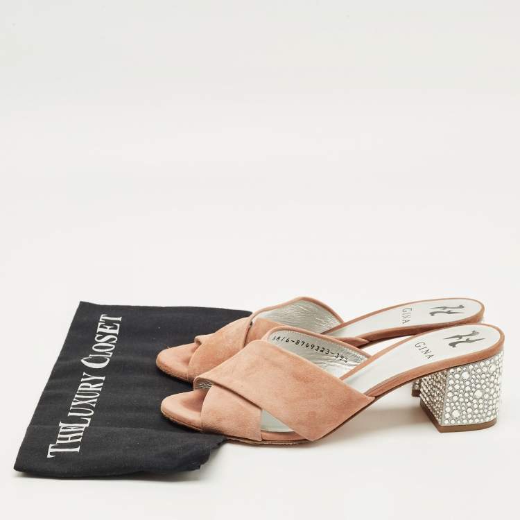 Pre Owned Gina Beige Suede Cross Strap Crystal Embellished Block Heel Slide Sandals Size 39.5