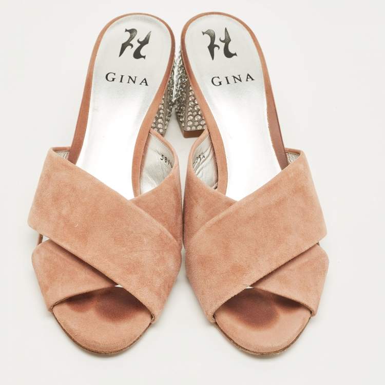 Pre Owned Gina Beige Suede Cross Strap Crystal Embellished Block Heel Slide Sandals Size 39.5