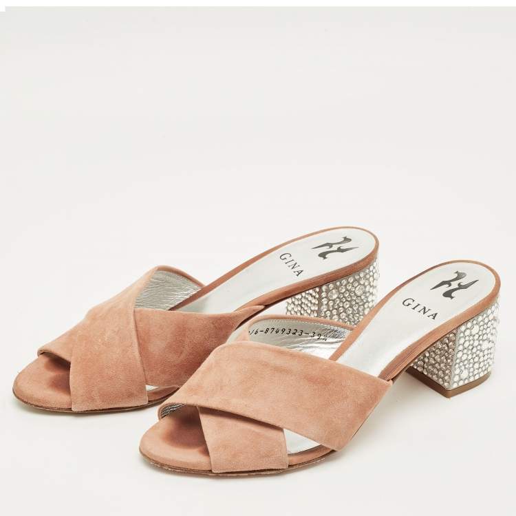 Pre Owned Gina Beige Suede Cross Strap Crystal Embellished Block Heel Slide Sandals Size 39.5